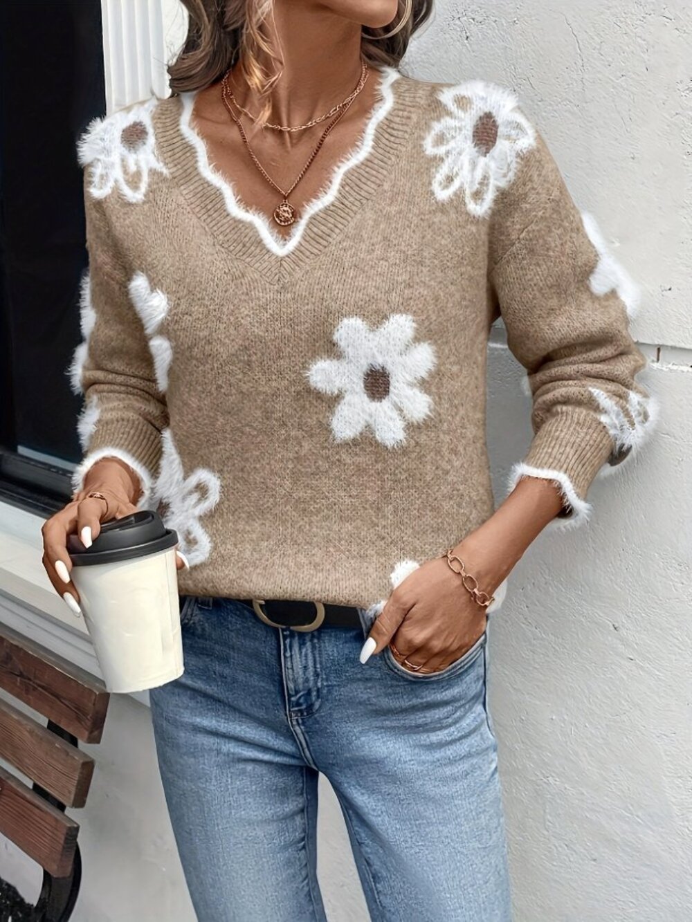 Women's Khaki Floral Jacquard Sweater – Long Sleeve Knit Pullover
